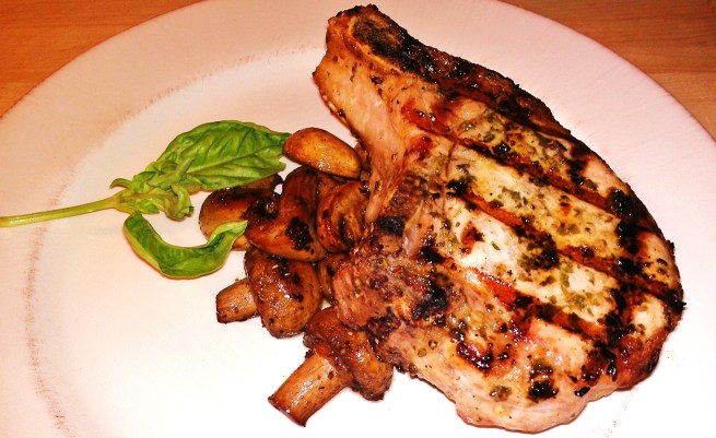 Basil-Garlic Rubbed Grilled Chops with Sauteed Mushrooms
